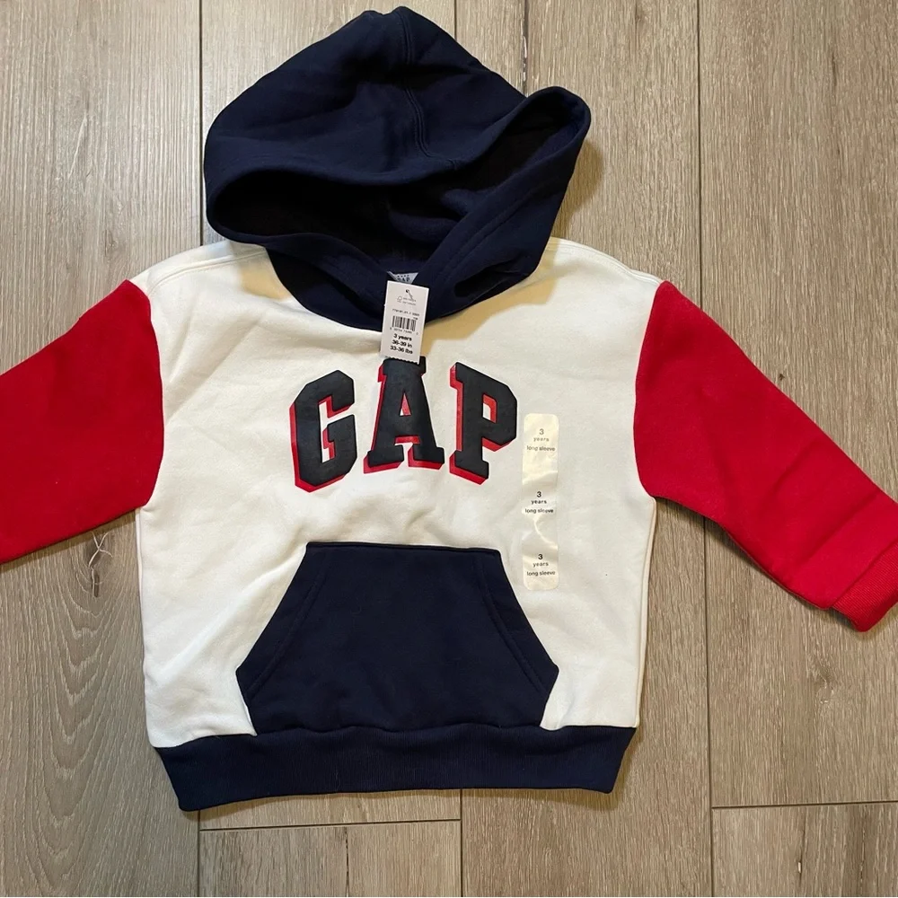 Baby GAP Toddler 3T Cozy Warm Colorblock Logo Hoodie Classic Red White Blue‎